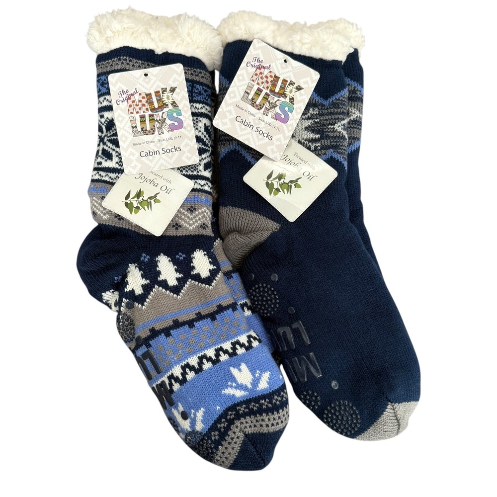 Muk Luks Cabin Socks Cozy Sherpa Fair Isle Gripper Bottoms Size L/XL‎ Lot of 2